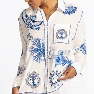 Johnny Was Workshop Embroidered Valheha Pocket Relaxed Shirt Blouse M NWT $328